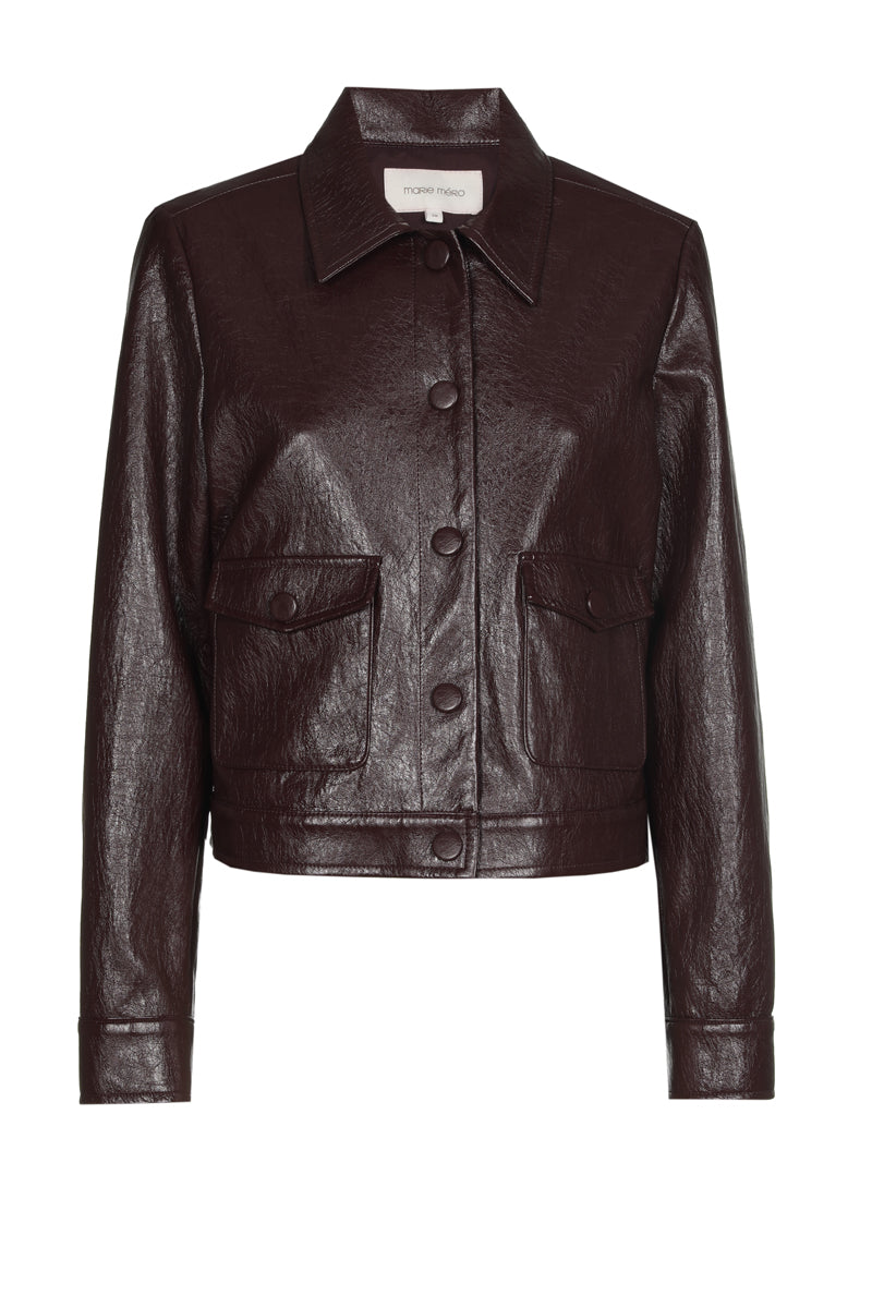 Short brown fake leather jacket