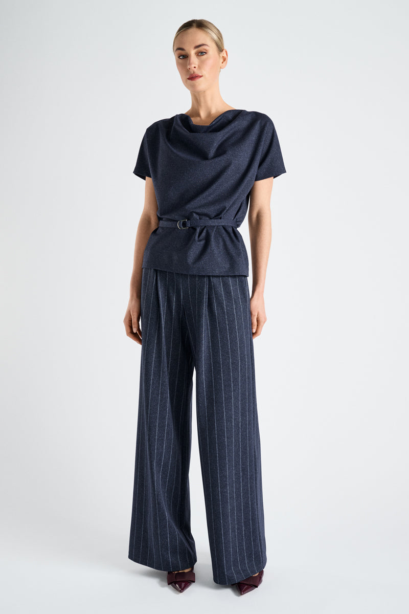 Pantalon ample à rayures fines et élastique bleu