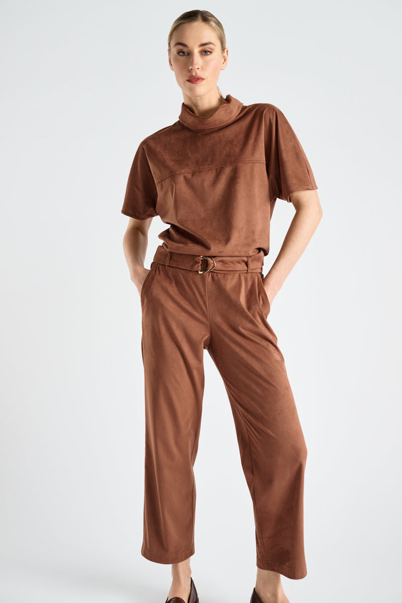 Fake suede short sleeve top with turtle neck
