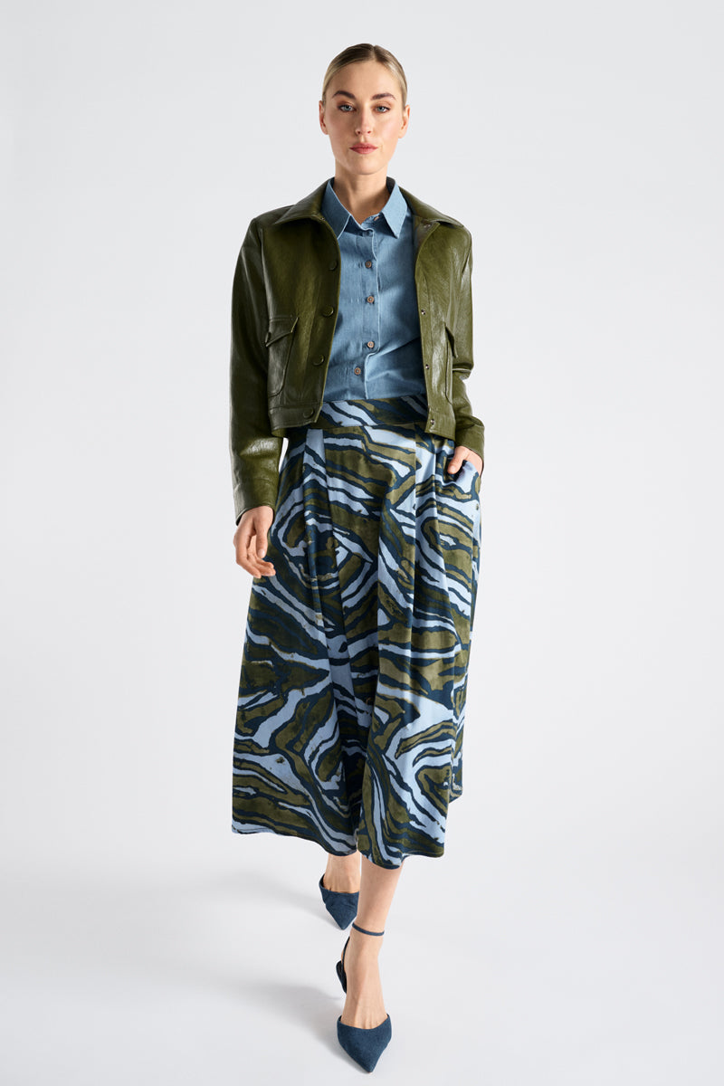 A-lijn rok met print in blauw en olijfgroen