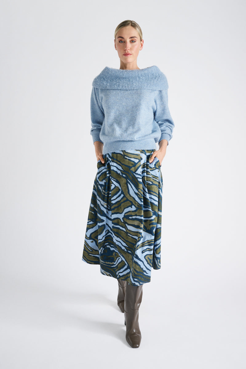 Jupe kaki-bleue large avec imprimé graphique