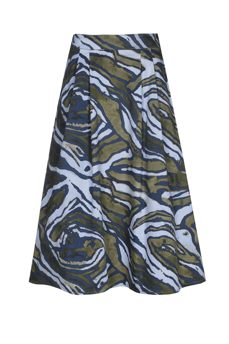 A-lijn rok met print in blauw en olijfgroen