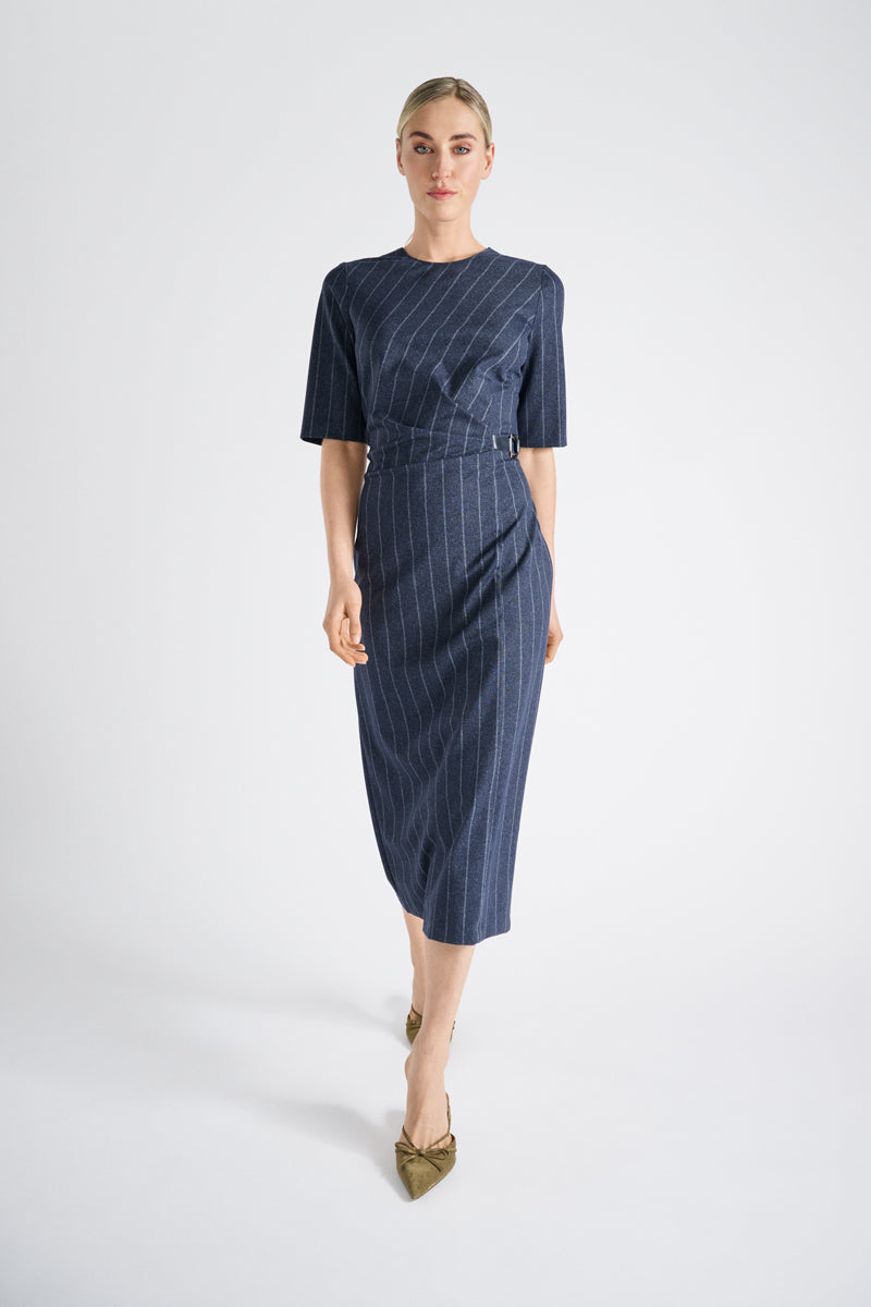 Navy midi jurk met krijtstreep