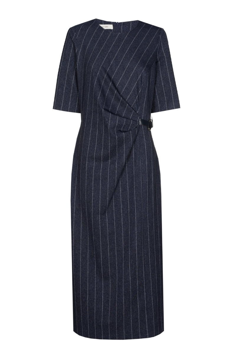 Navy midi jurk met krijtstreep