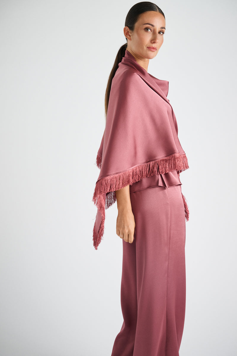 Triangular fringed satin scarf