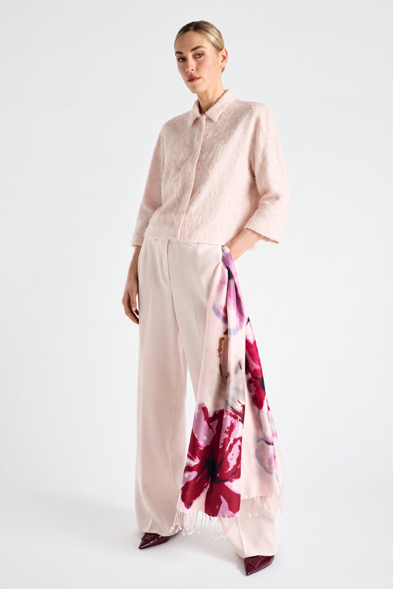 Veste-chemisier crème effilochée et brillante manche trois-quarts
