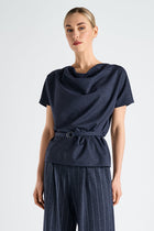 Navy short sleeve satin top with belt
