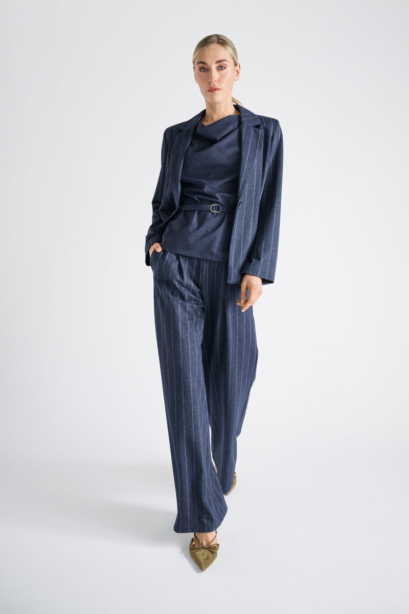 Navy short sleeve satin top with belt