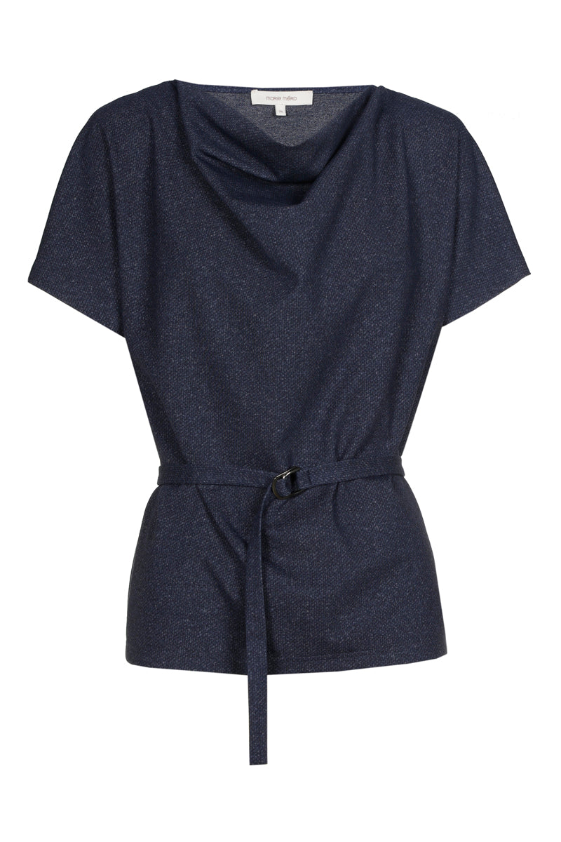 Navy short sleeve satin top with belt