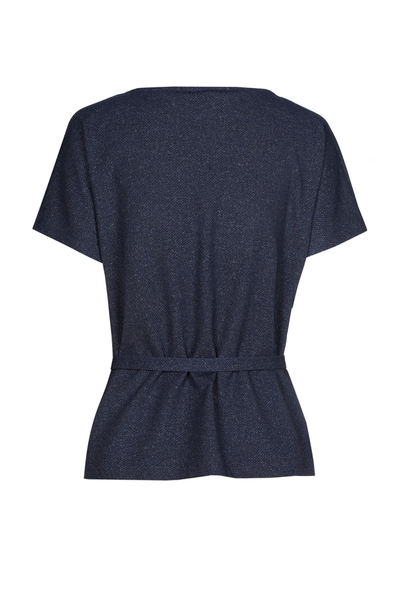 Navy short sleeve satin top with belt
