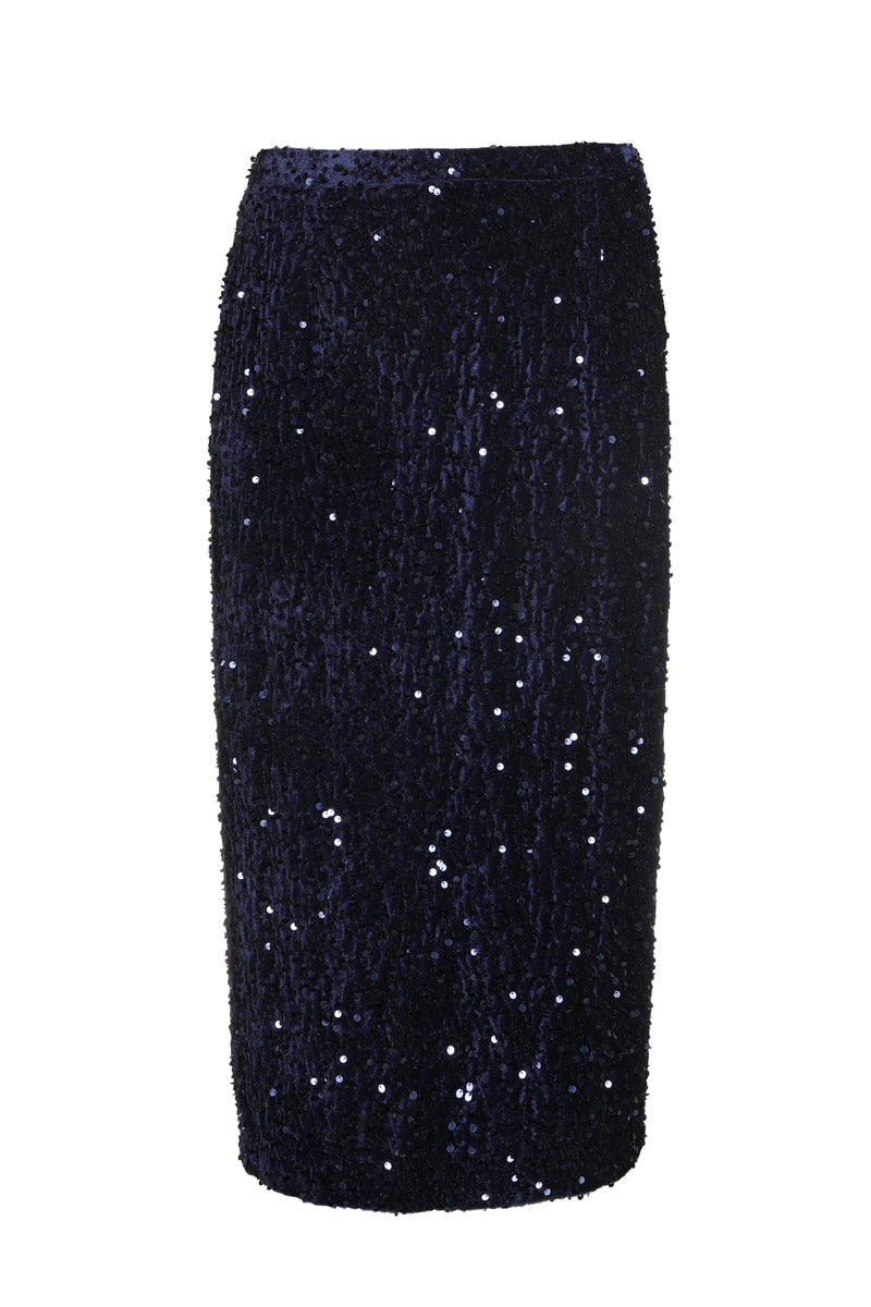 Calf-length navy straight skirt with sequins