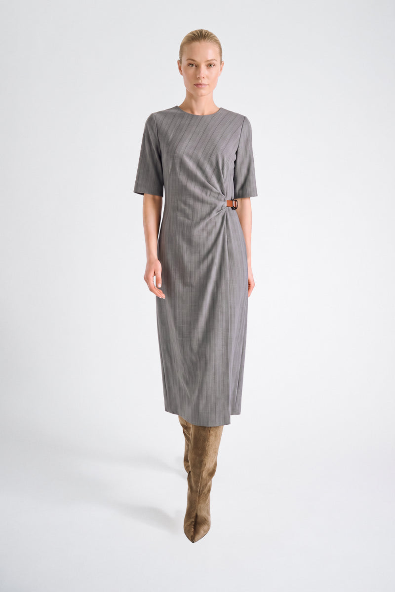 Grey striped dress with gathered waist