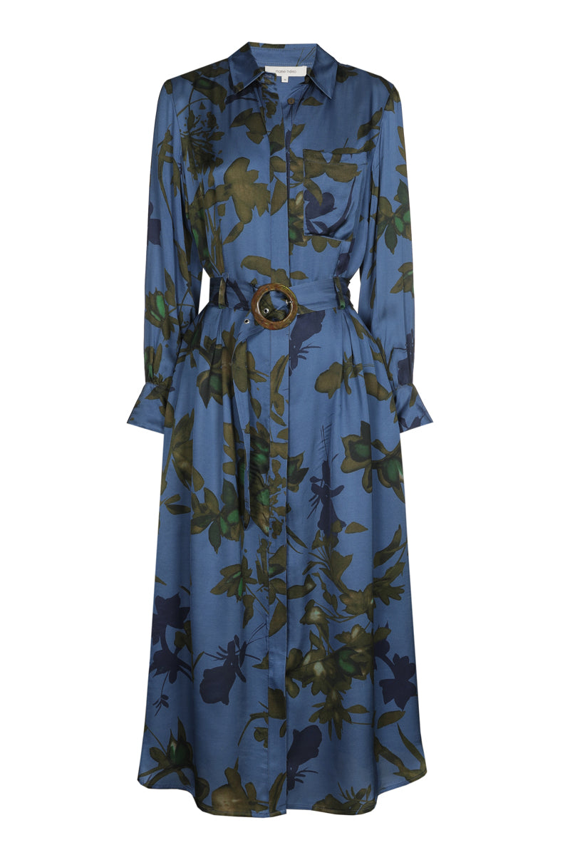 Blue printed belted shirt-dress 
