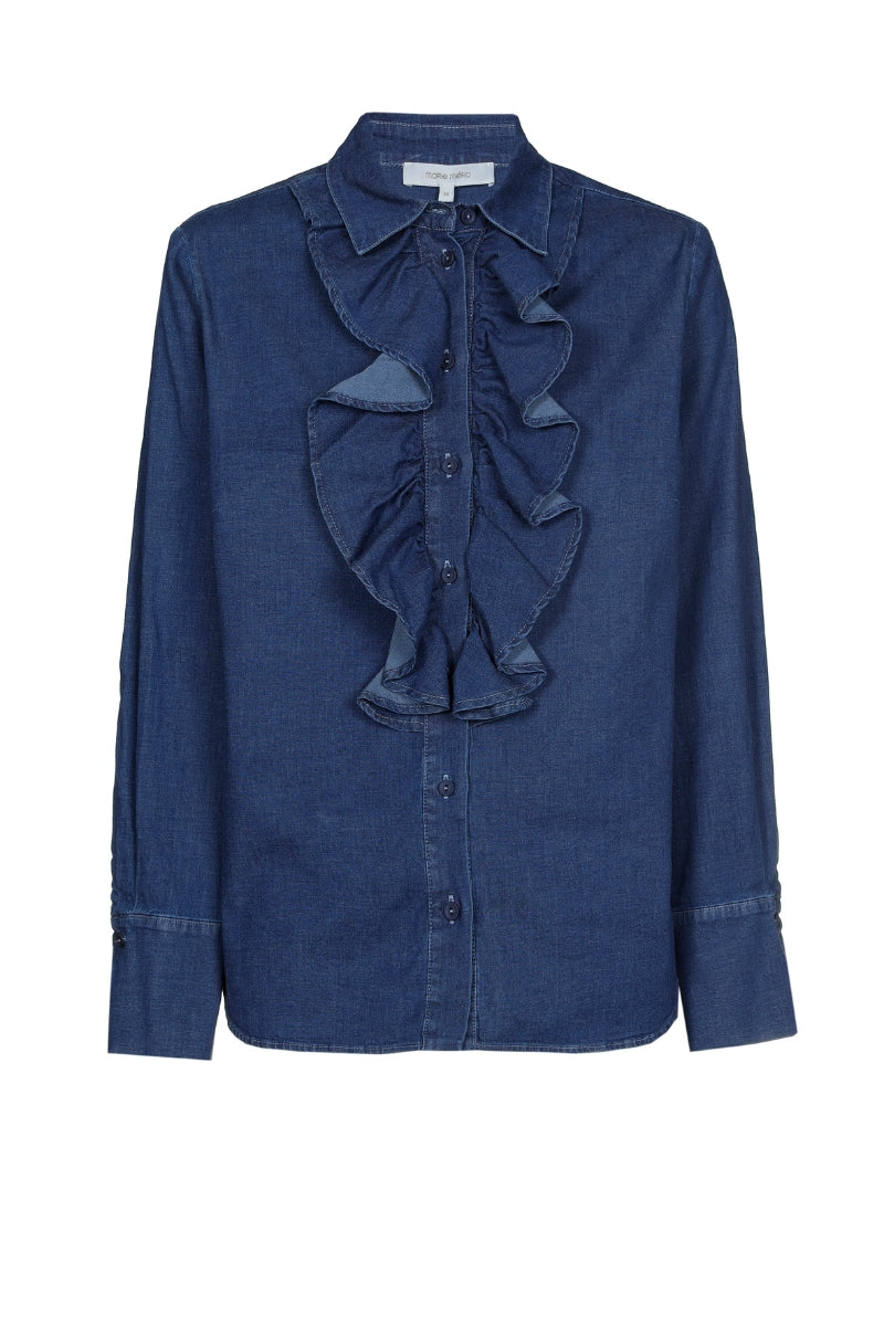 Denim bloes met hemdskraag en ruches