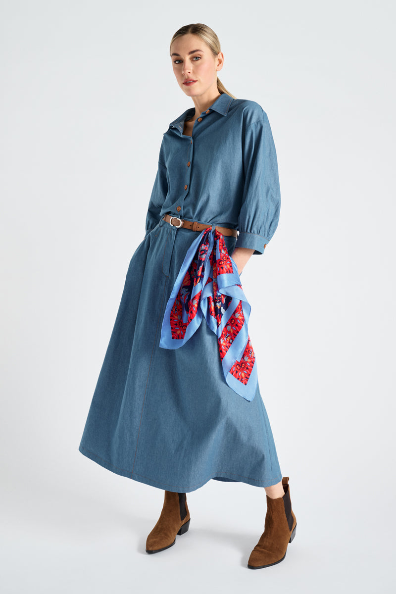 Denim midi-rok met plooien en zakken