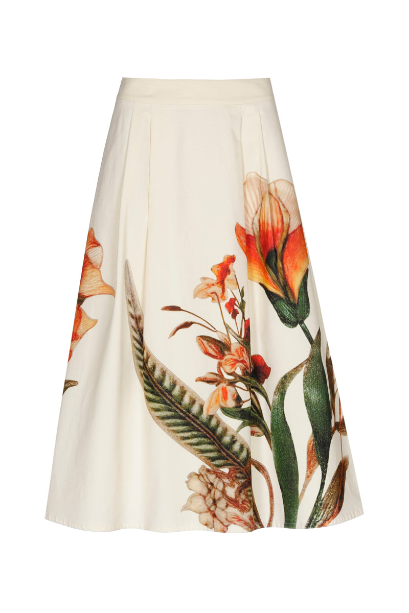 Wijde crème rok met tropische print