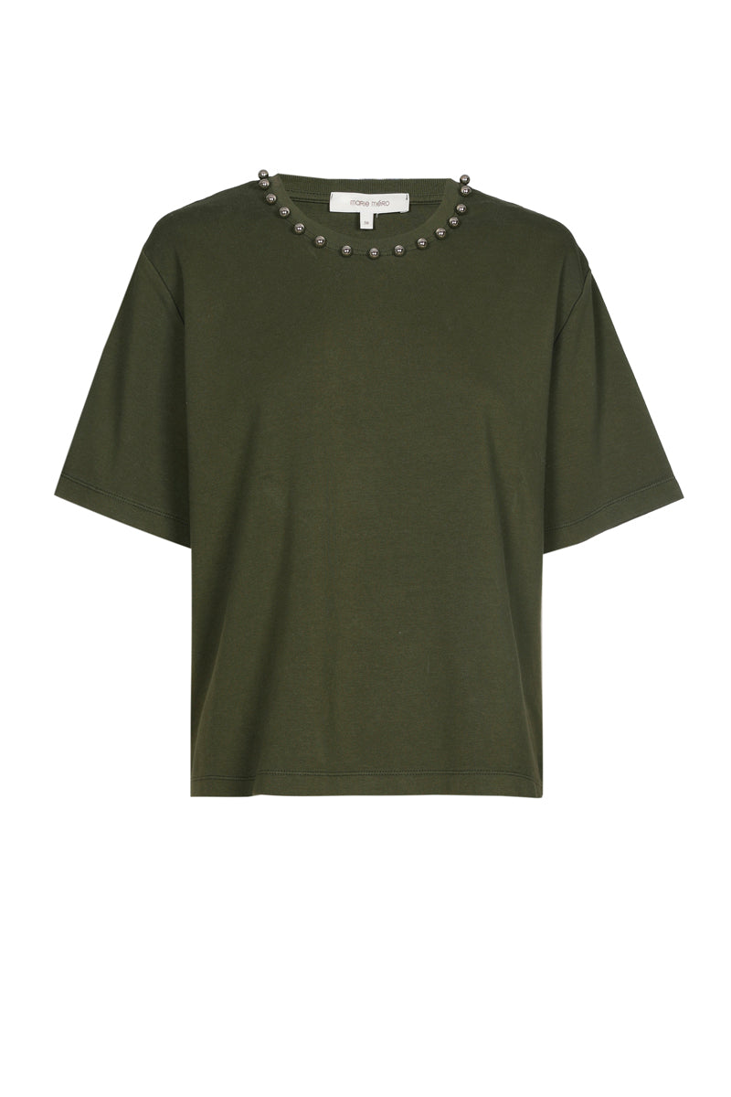 Boxy khaki T-shirt with trompe l'oeil chain collar