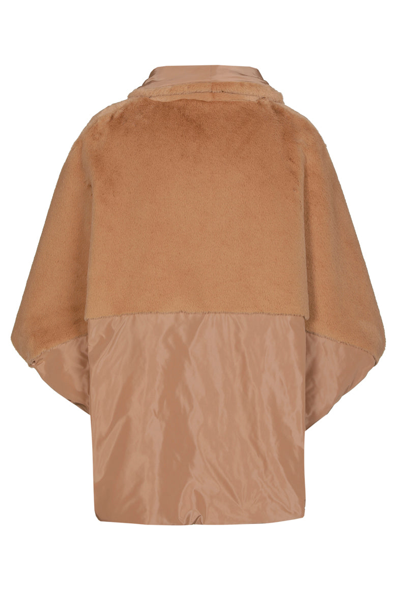 Half-long padded camel cape-parka with fleece lining 