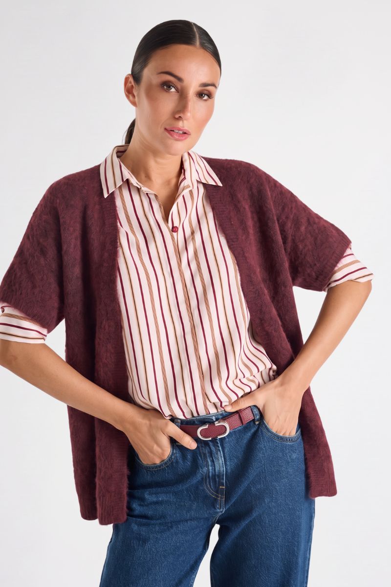 Cardigan bordeaux ouvert à manches courtes