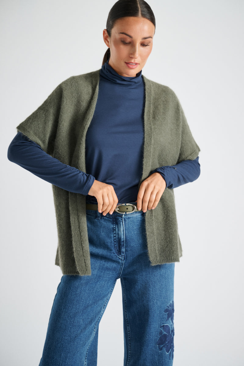 Open front short sleeve khaki cardigan