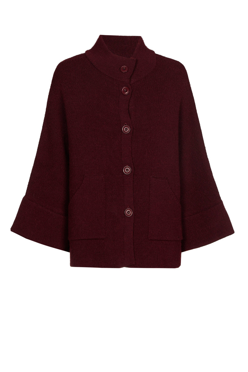 Pull-cape bordeaux boutonné à col montant 