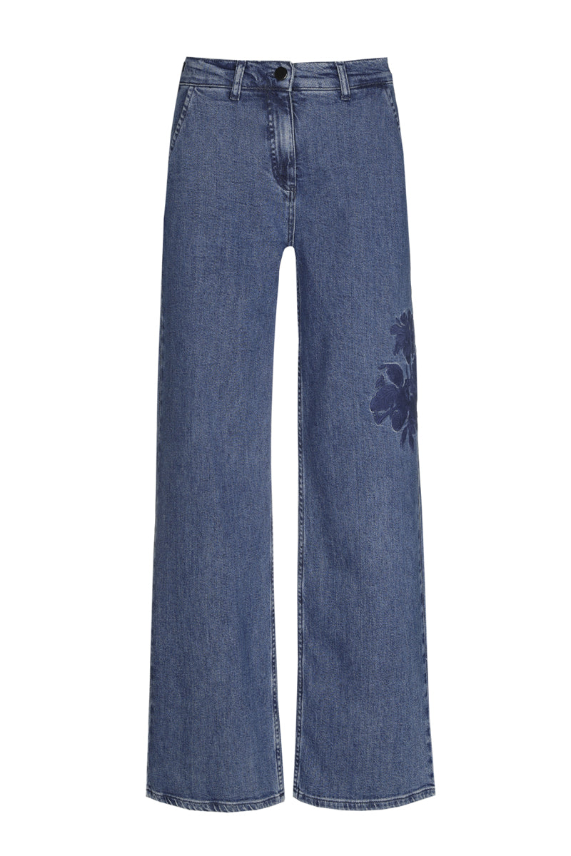 Wide jeans with embroidered flower on leg