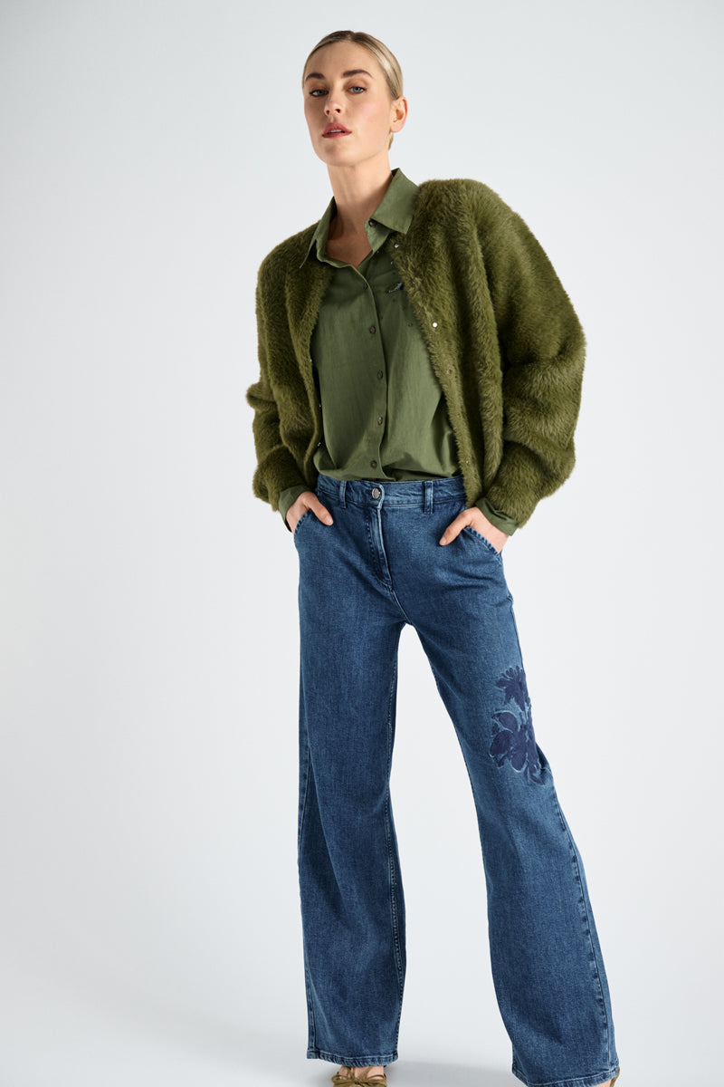 Khaki cotton shirt with sequins flower