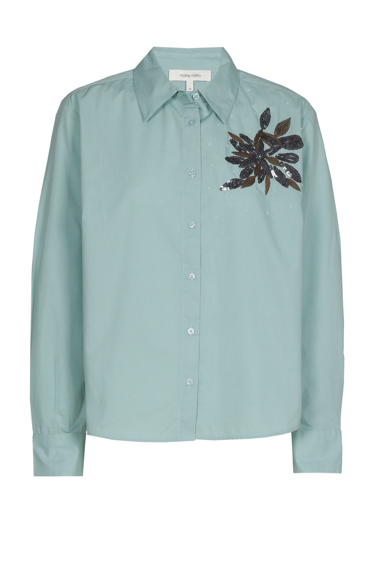 Turquoise cotton shirt with sequins flower