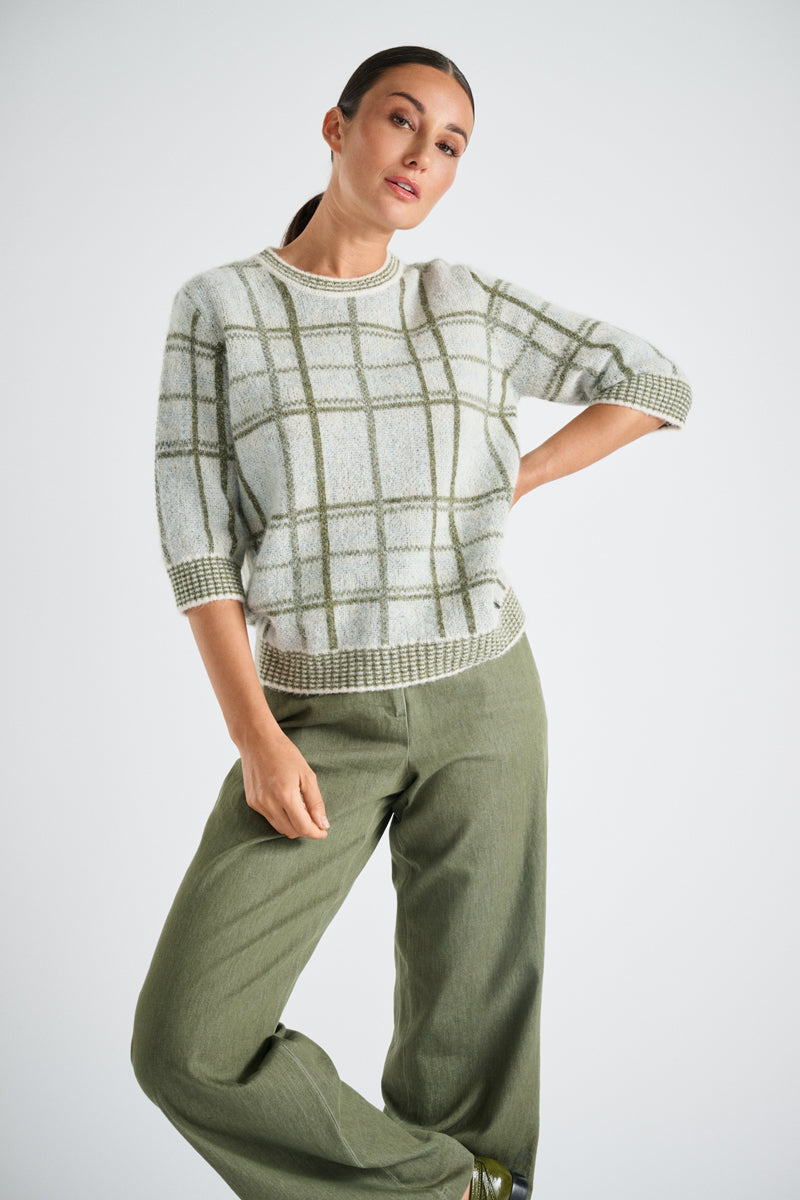 Alpaca sweater with green checked pattern