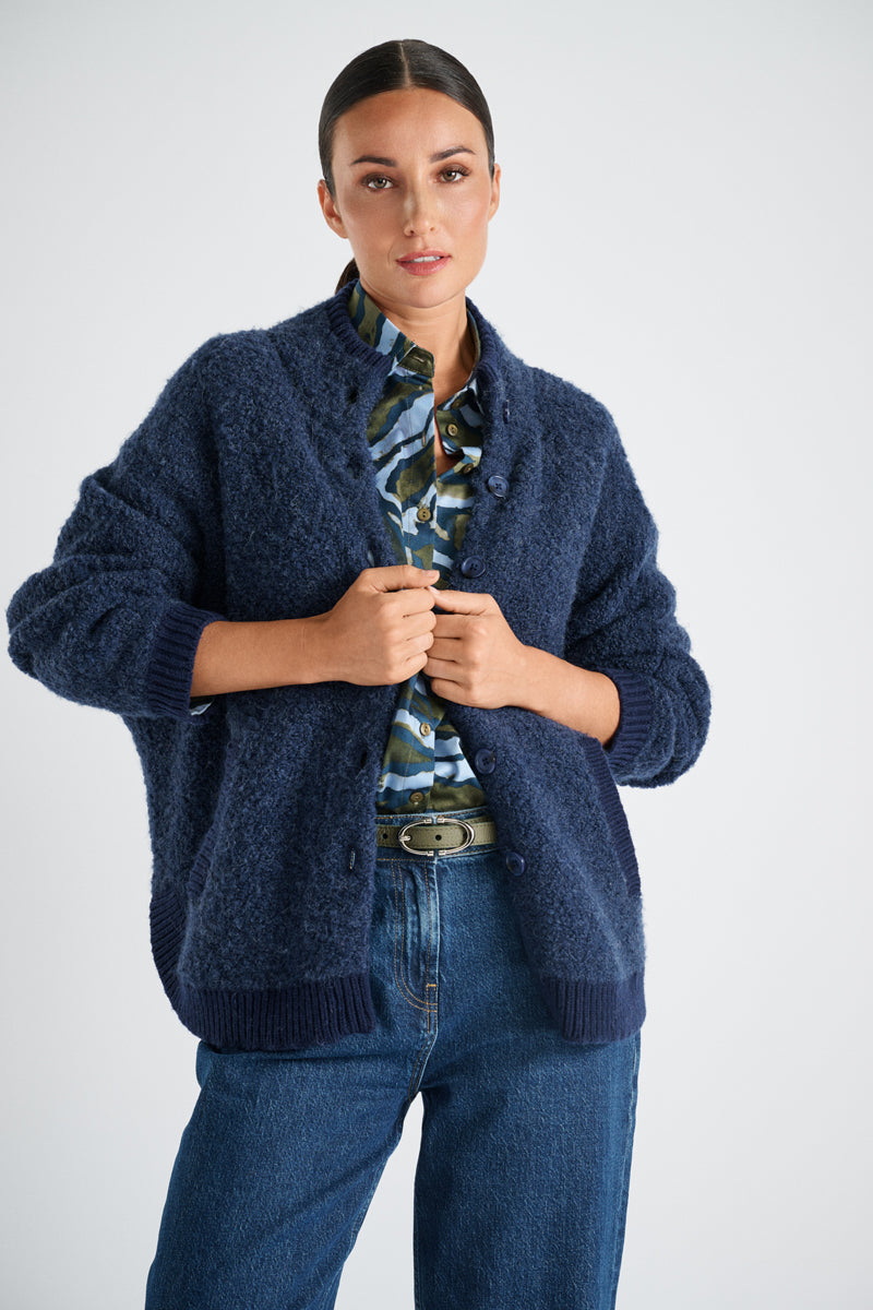 Donkerblauwe bouclet cardigan-cape