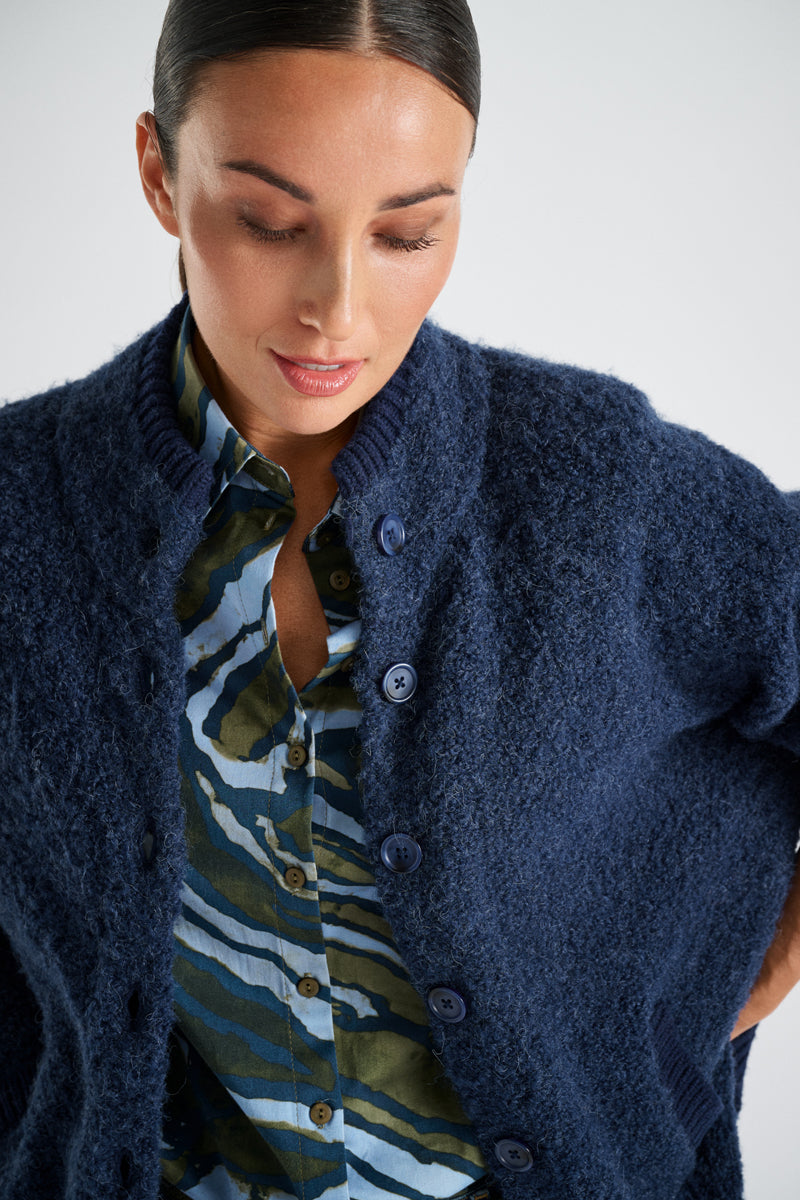 Donkerblauwe bouclet cardigan-cape