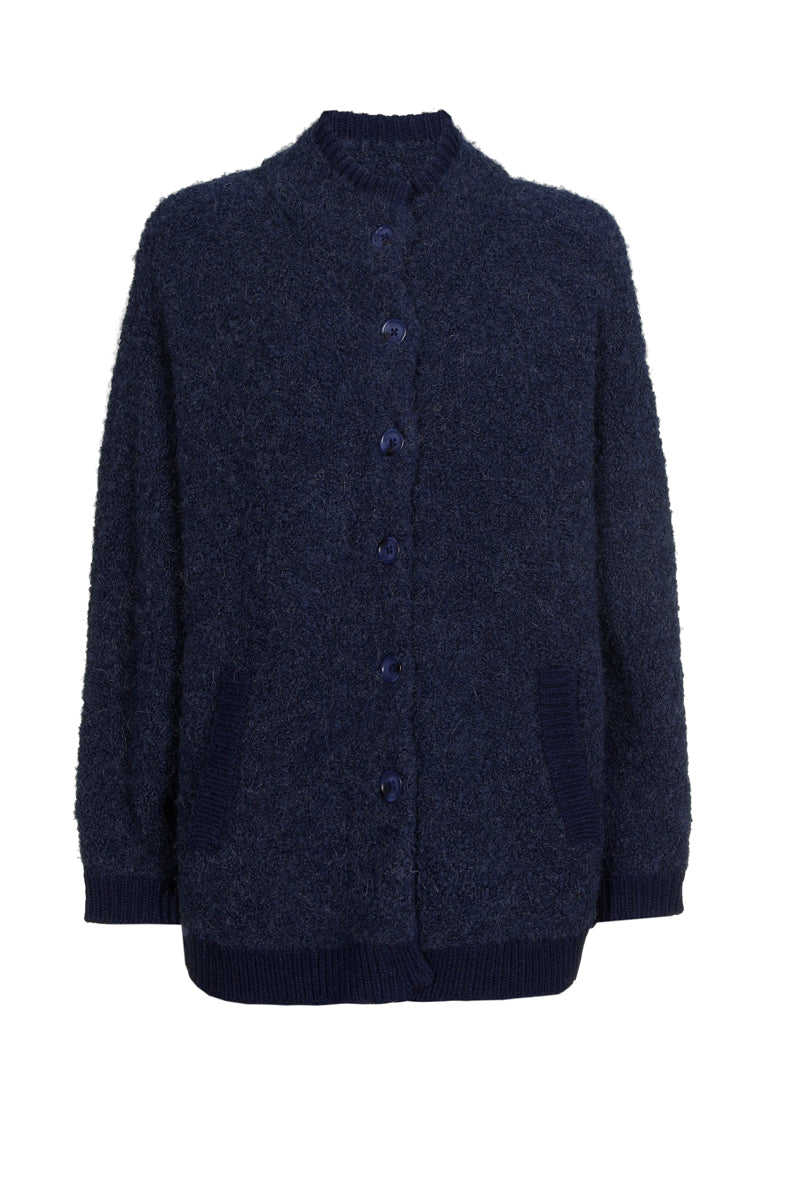 Donkerblauwe bouclet cardigan-cape