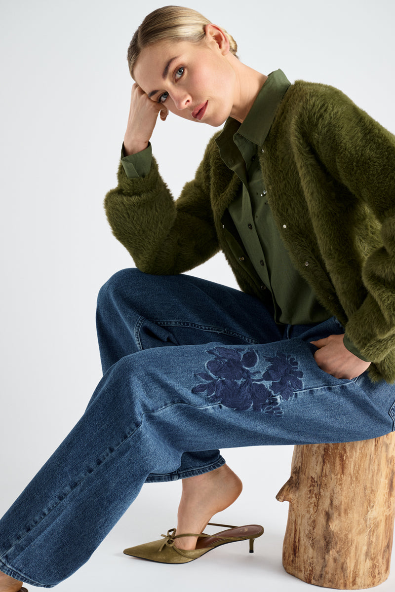 Kaki fleece cardigan-jas met drukknopen