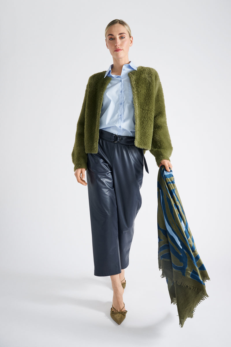 Collarless kaki fleece cardigan-jacket with snaps