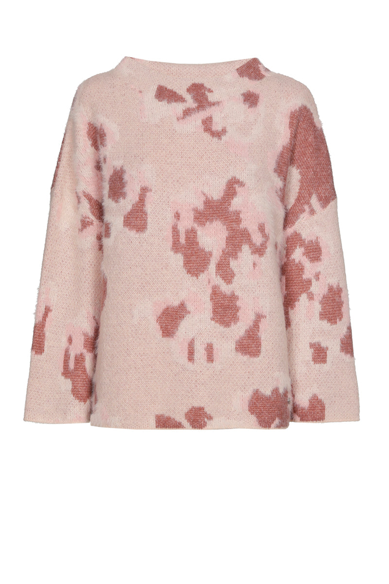 Pull jacquard rose mohair avec col montant