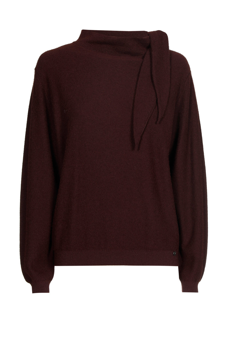 Boxy brown wool-mohair sweater with scarf collar