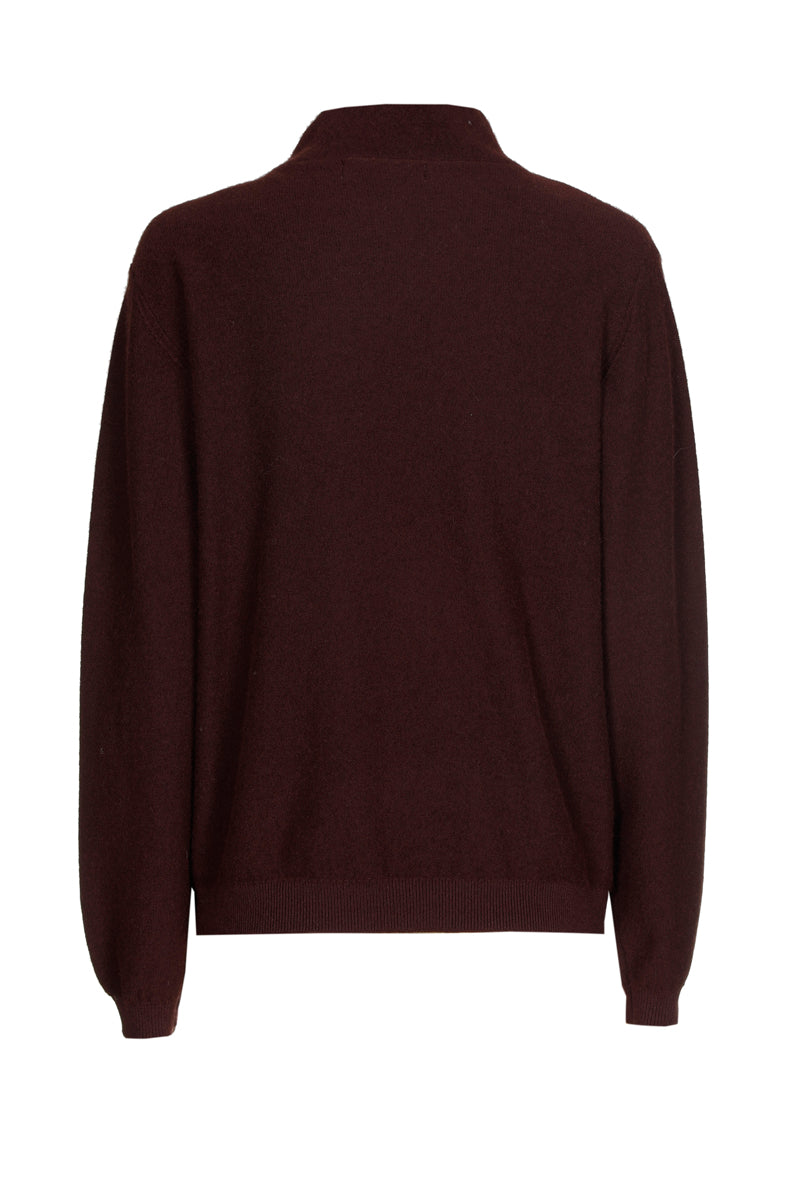 Boxy brown wool-mohair sweater with scarf collar