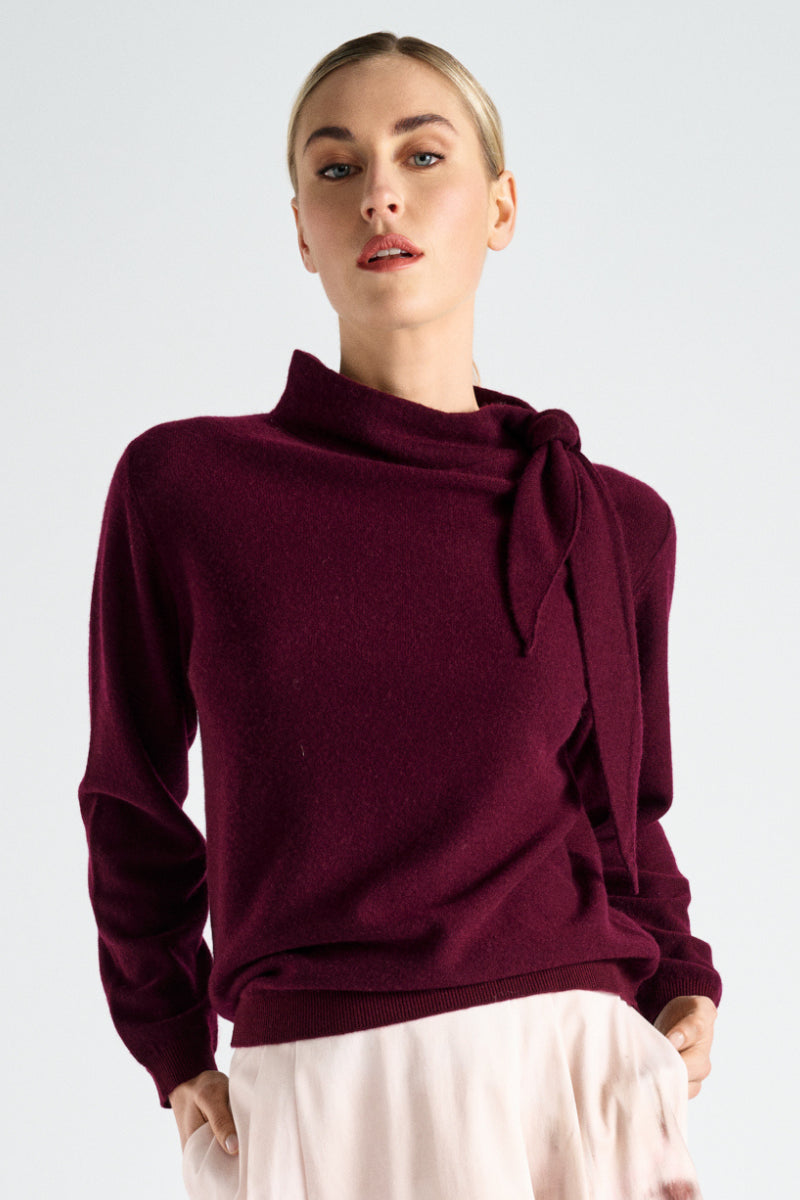 Boxy bordeaux wol-mohair trui met sjaalkraag