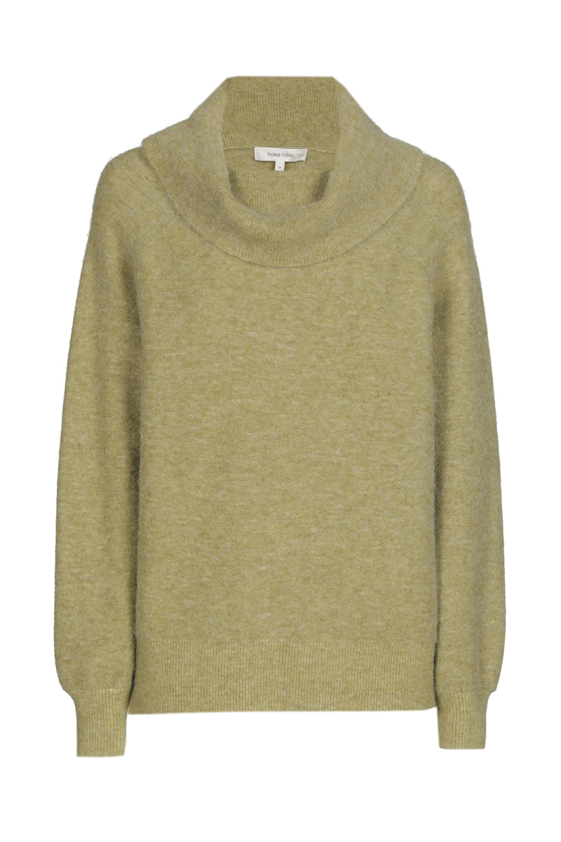 Fluffy olive green alpaca sweater with large rollneck
