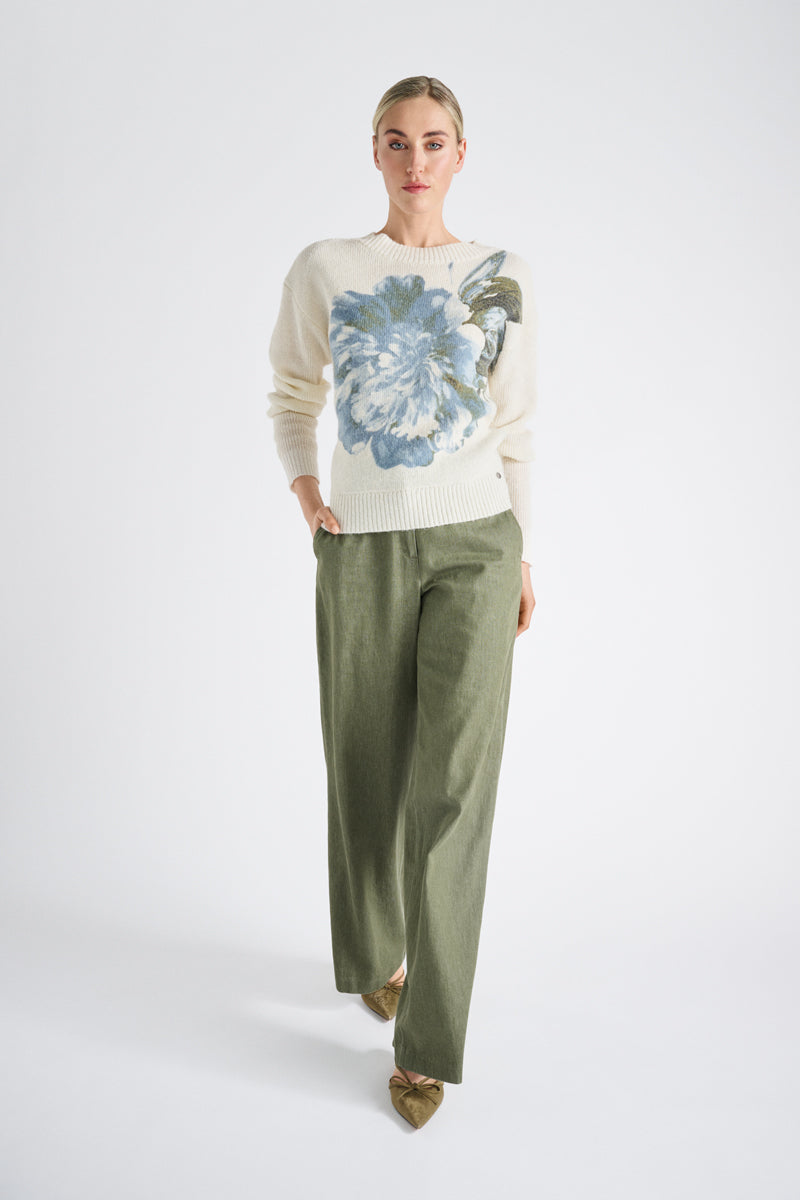 Pull écru en alpaga-laine imprimé fleuri
