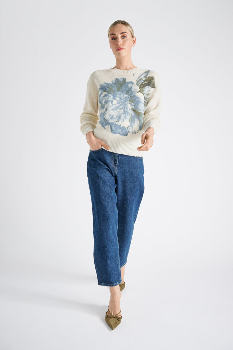 Pull écru en alpaga-laine imprimé fleuri