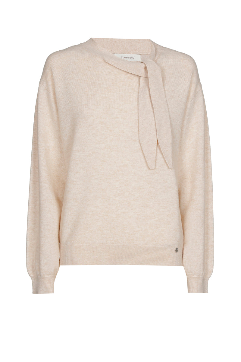 Fine ecru cashmere-wool sweater with bow collar