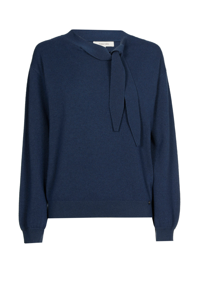Fine blue cashmere-wool sweater with bow collar