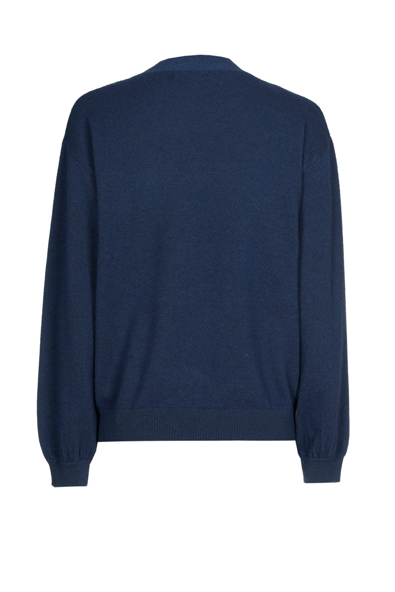 Fine blue cashmere-wool sweater with bow collar