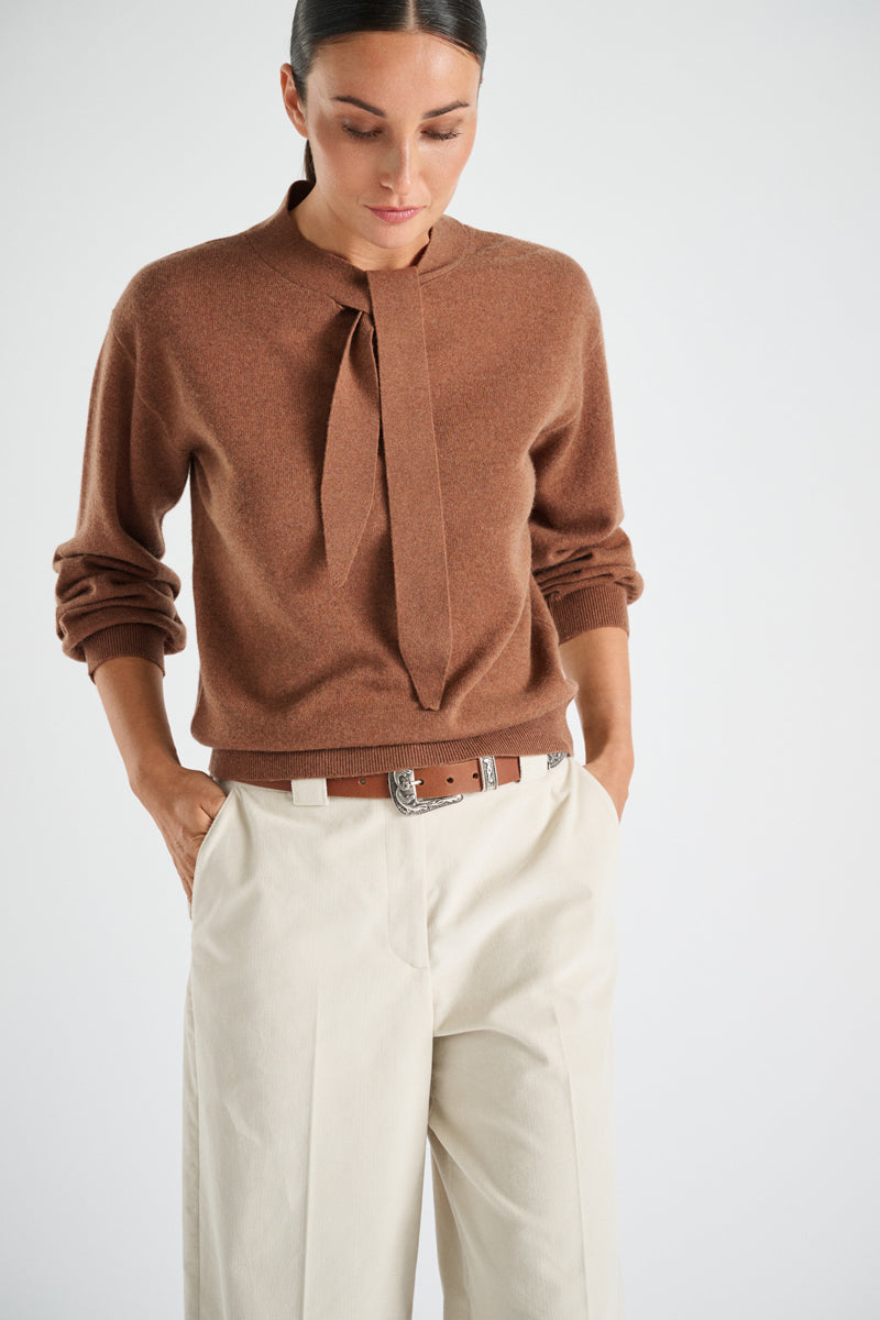 Fine cognac cashmere-wool sweater with bow collar
