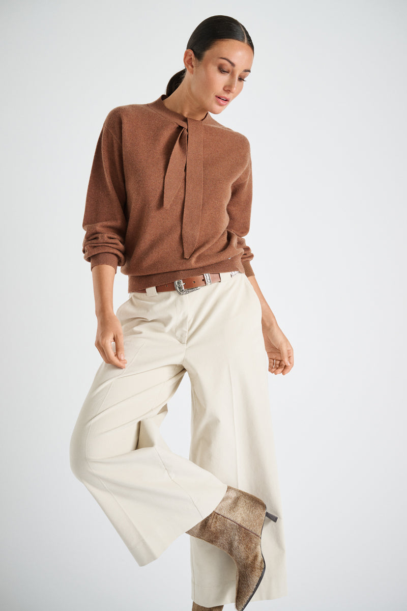 Fine cognac cashmere-wool sweater with bow collar