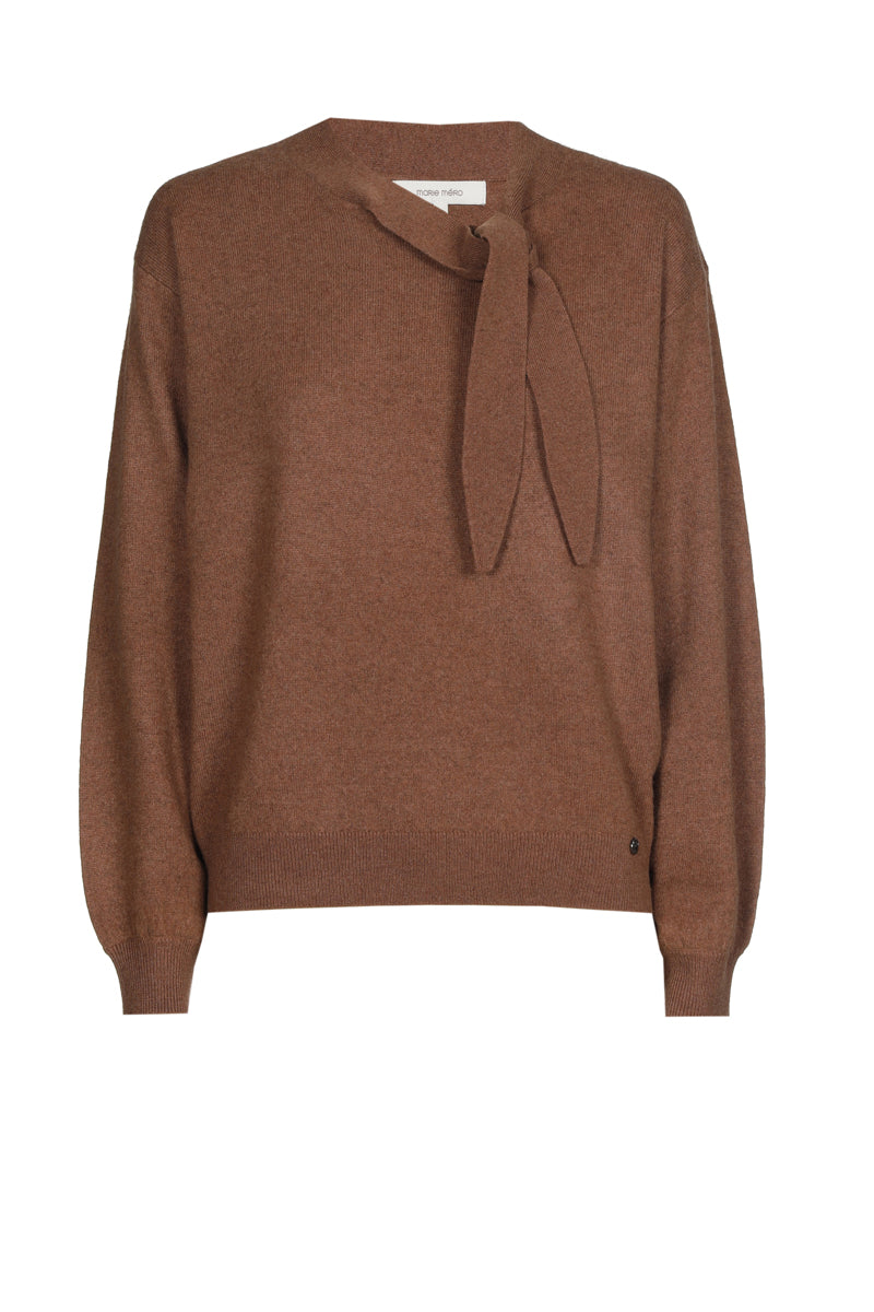 Pull cognac fin en cachemire-laine avec col cravate
