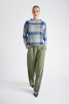 Check wool blue sweater with high collar