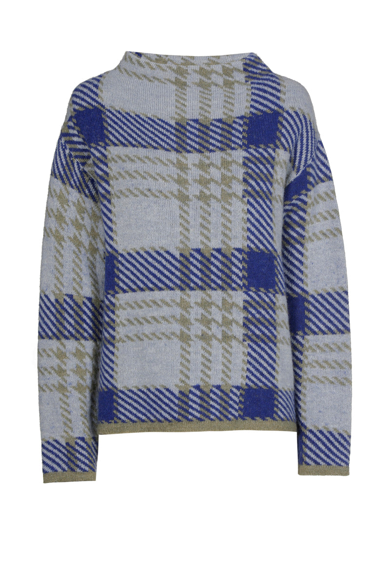 Check wool blue sweater with high collar