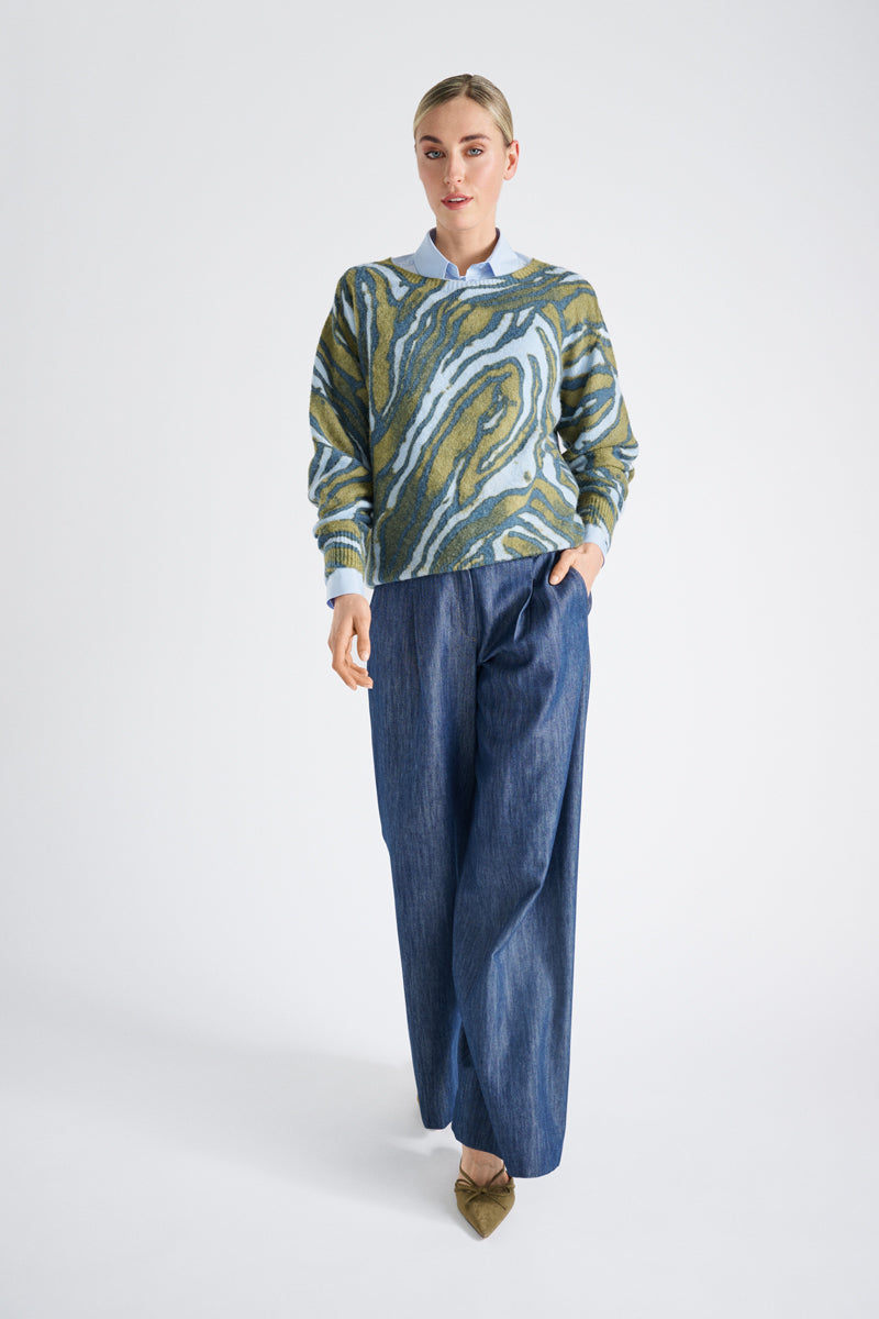 Wool-alpaca blue printed graphic sweater